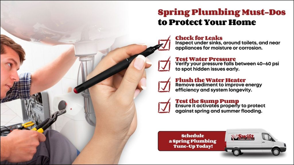 This is an image of a plumber, fixing a sink overlaid with a hand, checking off a checklist the headline read spring plumbing must do to protect your home