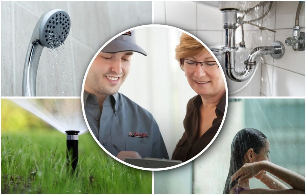 This is an image of a low flow showerhead. Someone checking for leaks the sprinkler system and someone taking a shower overlay is a swift employee talking to a homeowner.
