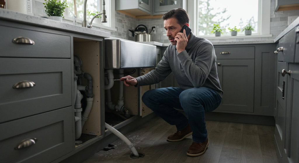 Homeowner discovers leaking pipe under kitchen sink in Bainbridge Island home