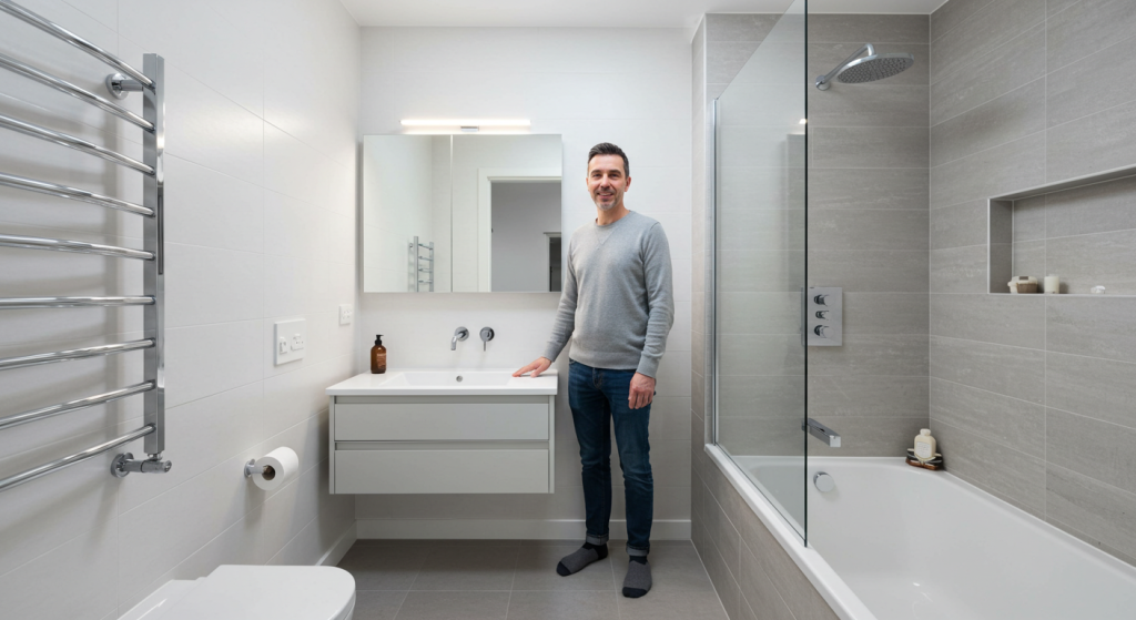 Homeowner appreciates newly remodeled small bathroom with floating vanity and glass shower enclosure