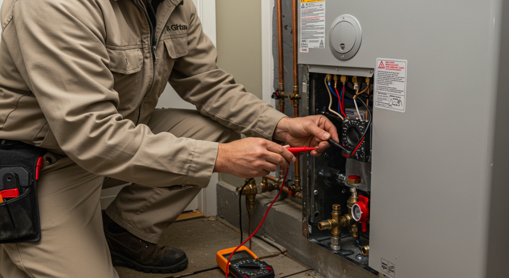 Plumber tests electrical connections on newly installed tankless water heater in Bainbridge Island home.
