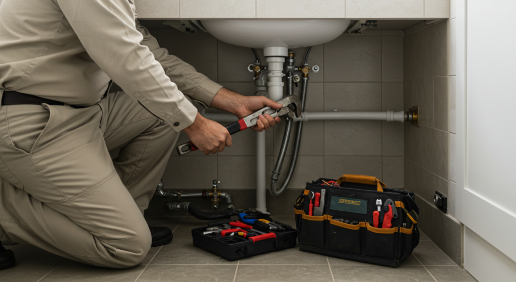 Plumber conducts routine maintenance under bathroom sink in Bainbridge Island residence
