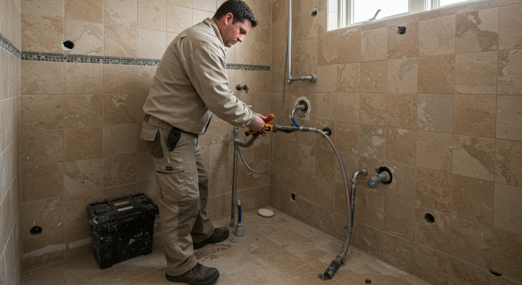 Plumber installs new fixtures during bathroom remodel in Bainbridge Island home