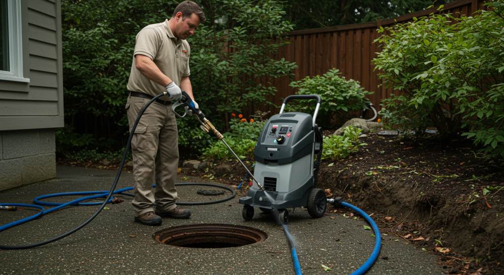 Plumber performs hydro jetting on main sewer line outside Bainbridge Island residence.
