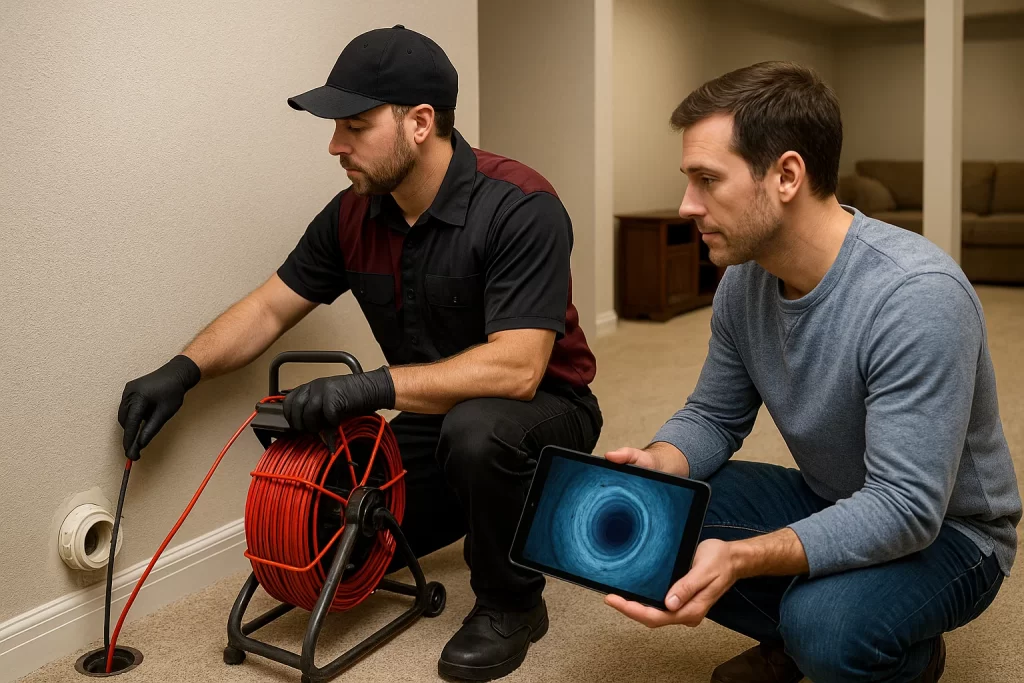 Plumber performing sewer video inspection with homeowner viewing pipe condition on tablet