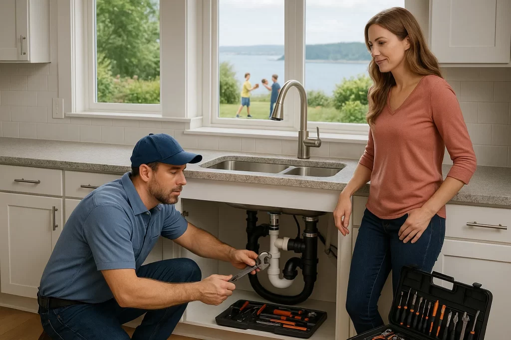 Plumber performing preventive maintenance under kitchen sink whilst the homeowner looks on.