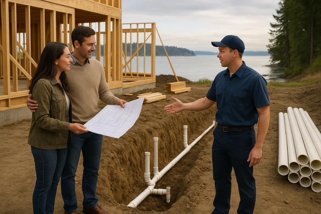 Couple consulting plumber on foundation plumbing layout overlooking Bainbridge waterway