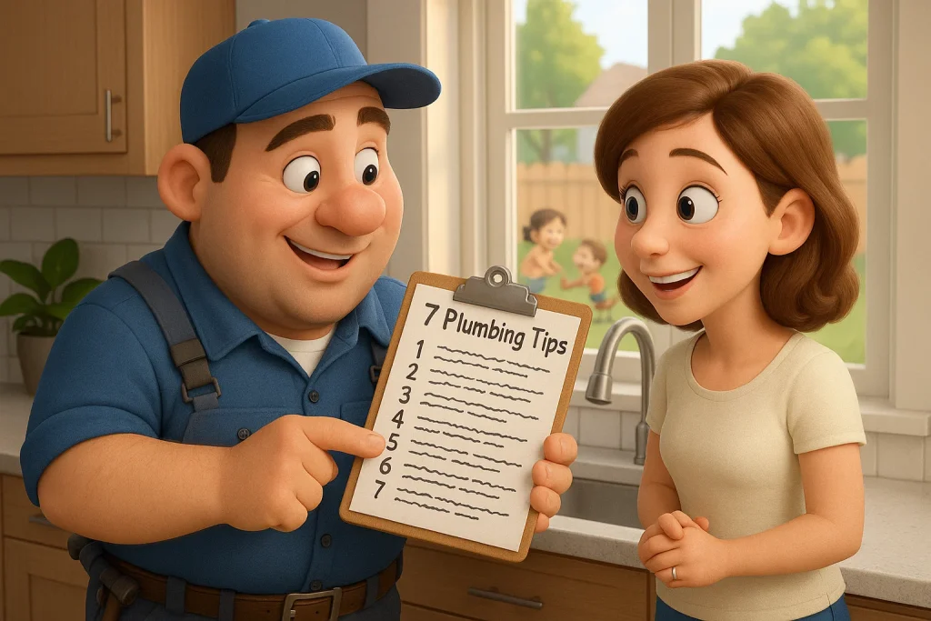 A cartoony looking scene of a plumbing going over 7 plumbing tips on a clipboard with a house wife.