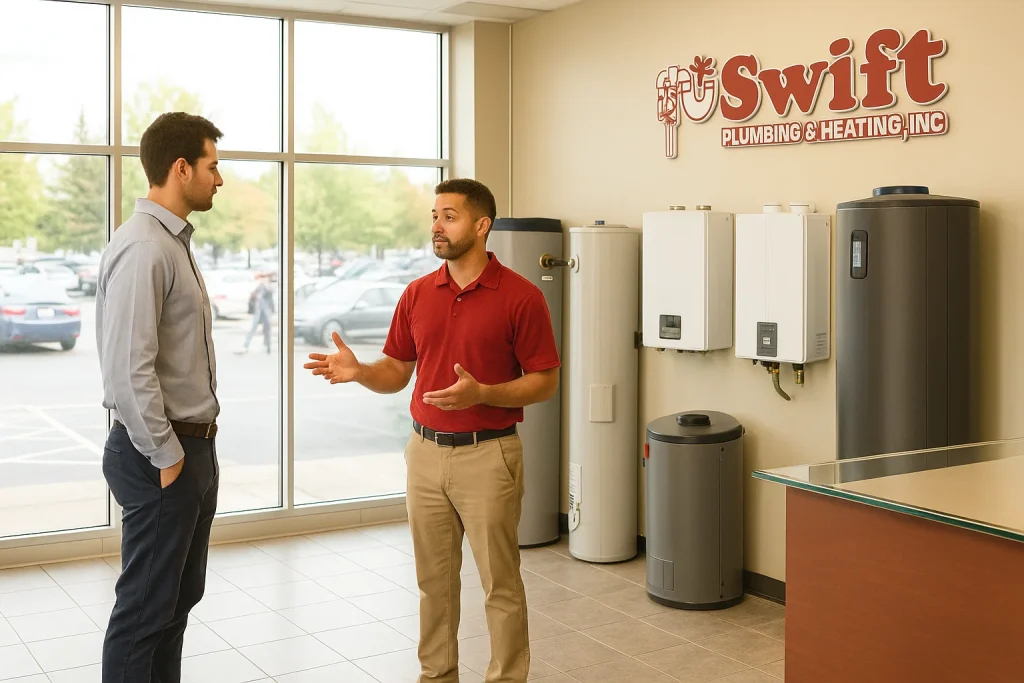 A swift plumbing salesman explaining the benefits of a tankless water heater