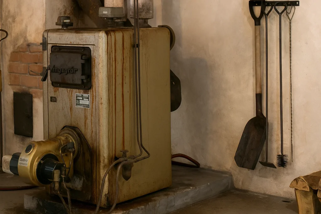 Close-up of old boiler with rust and corrosion showing replacement signs