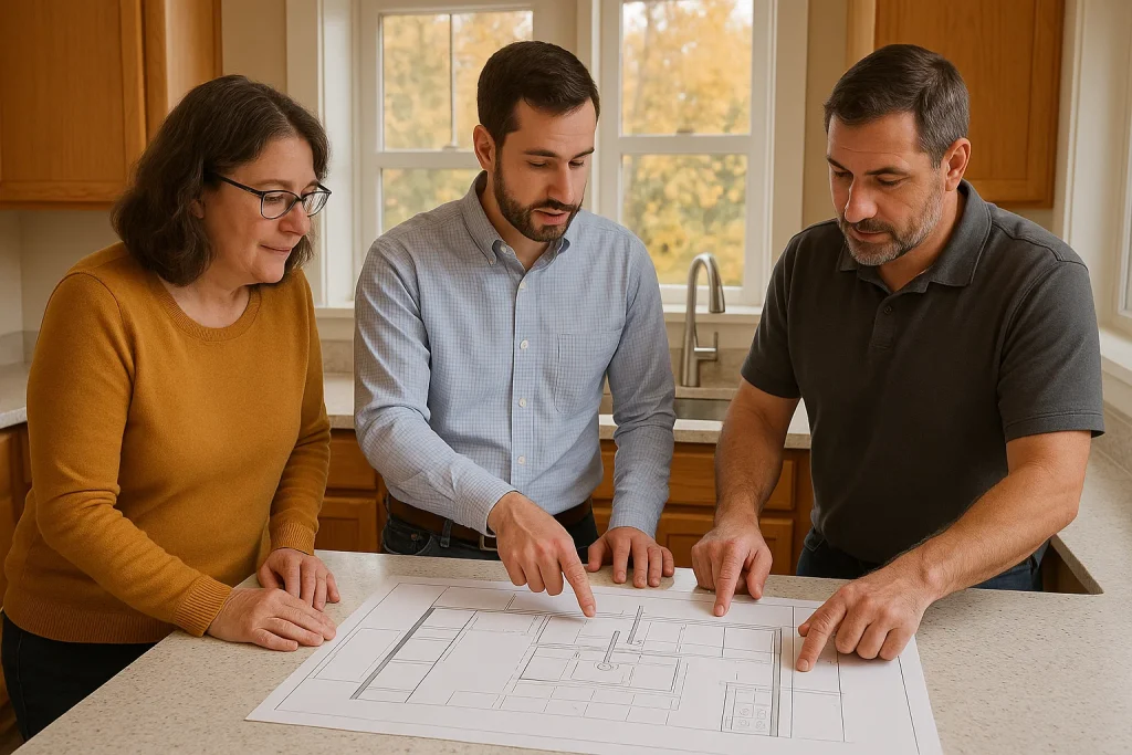 Homeowner and plumbing contractor review kitchen layout and plumbing fixture placement in fall remodel project.