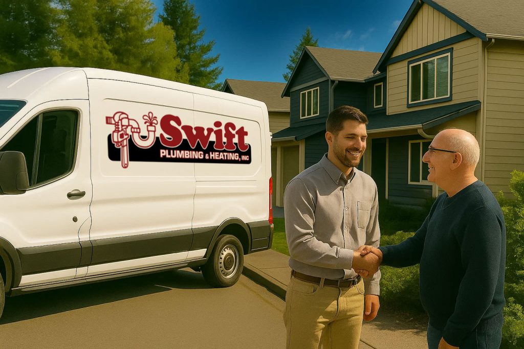 Swift Plumbing technician greets homeowner in North Kitsap community