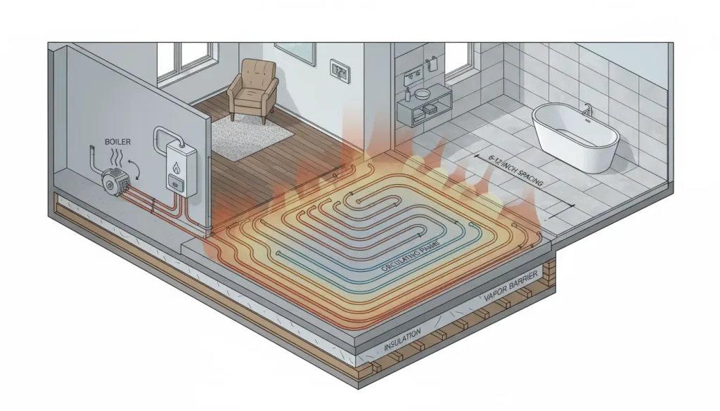 Cutaway diagram showing a hydronic heating system with hot water pipes under tile and hardwood floors.