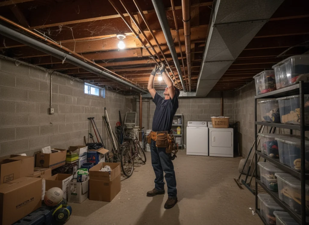 A plumber insulating pipes so they don't freeze in a basement