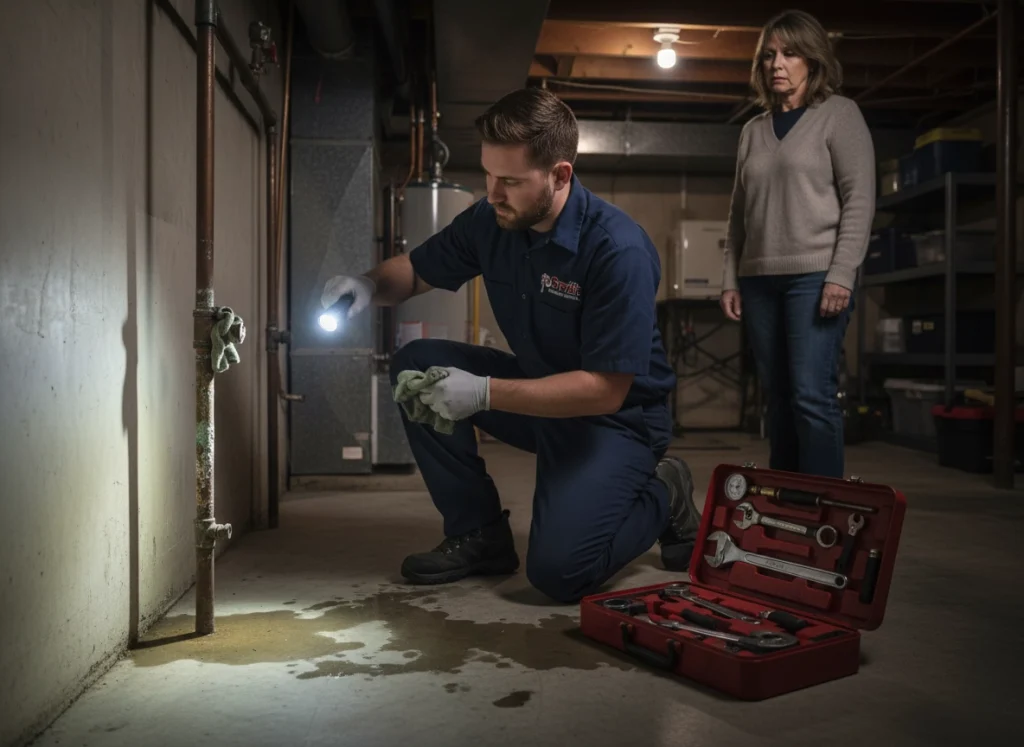 Swift Plumbing technician inspecting corroded basement pipes for repiping needs with homeowner present