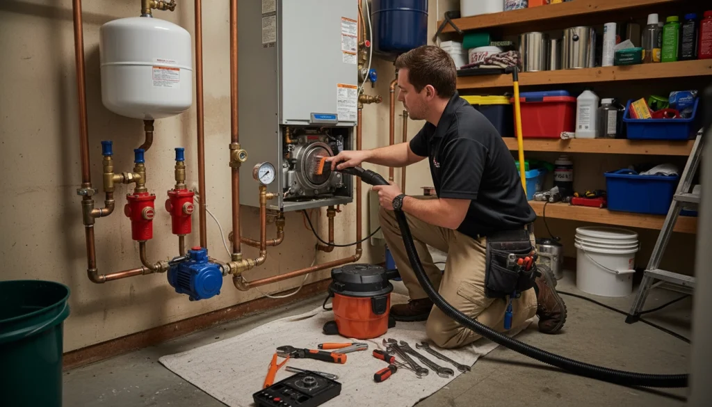 HVAC technician servicing a residential boiler in a basement utility room to prevent winter heating issues.