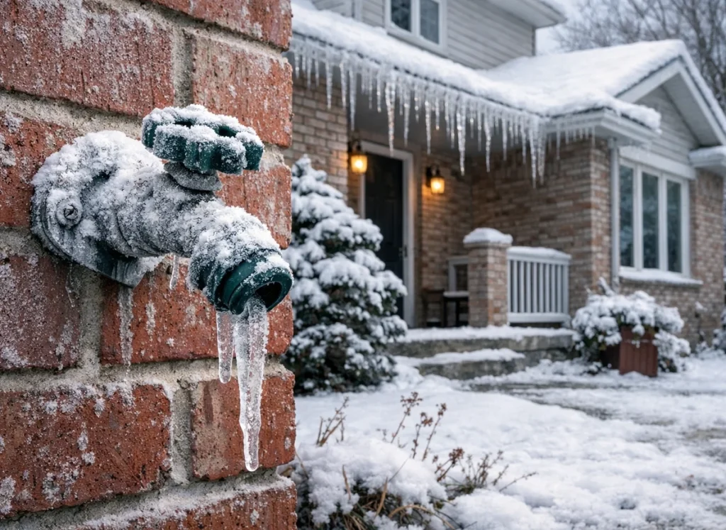 Frozen outdoor hose bib on a snowy Kingston home, highlighting winter plumbing risks.