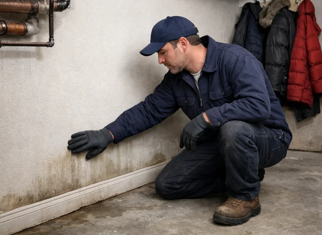 A plumber doing an inspection of the basement walls for leaks.