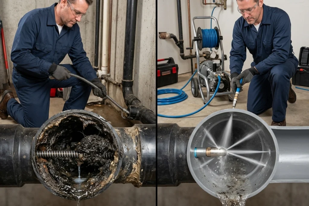 Split screen of Hydro Jetting and Snaking being performed.