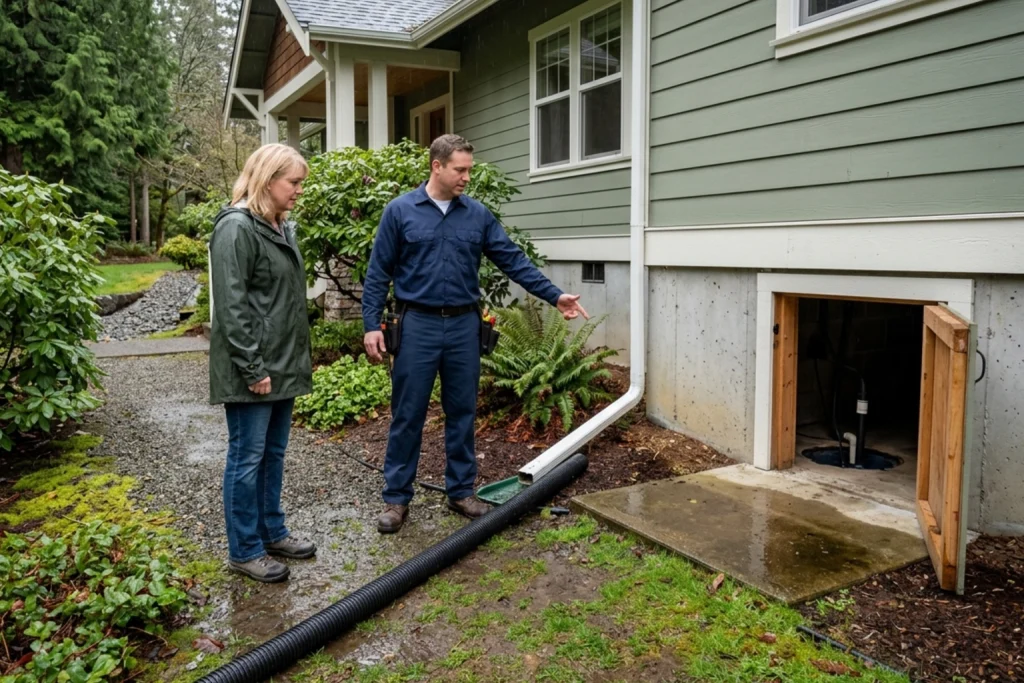 Homeowner discussing spring drainage and sump pump protection