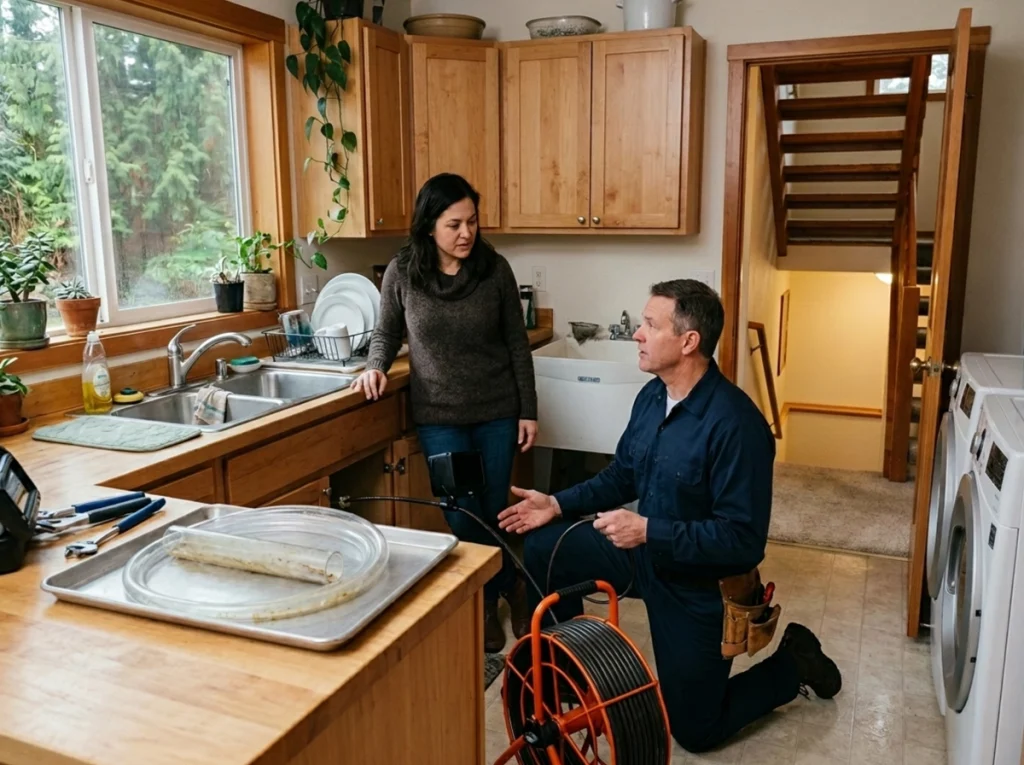 Kitsap County homeowner reviewing recurring kitchen laundry and floor drain clogs