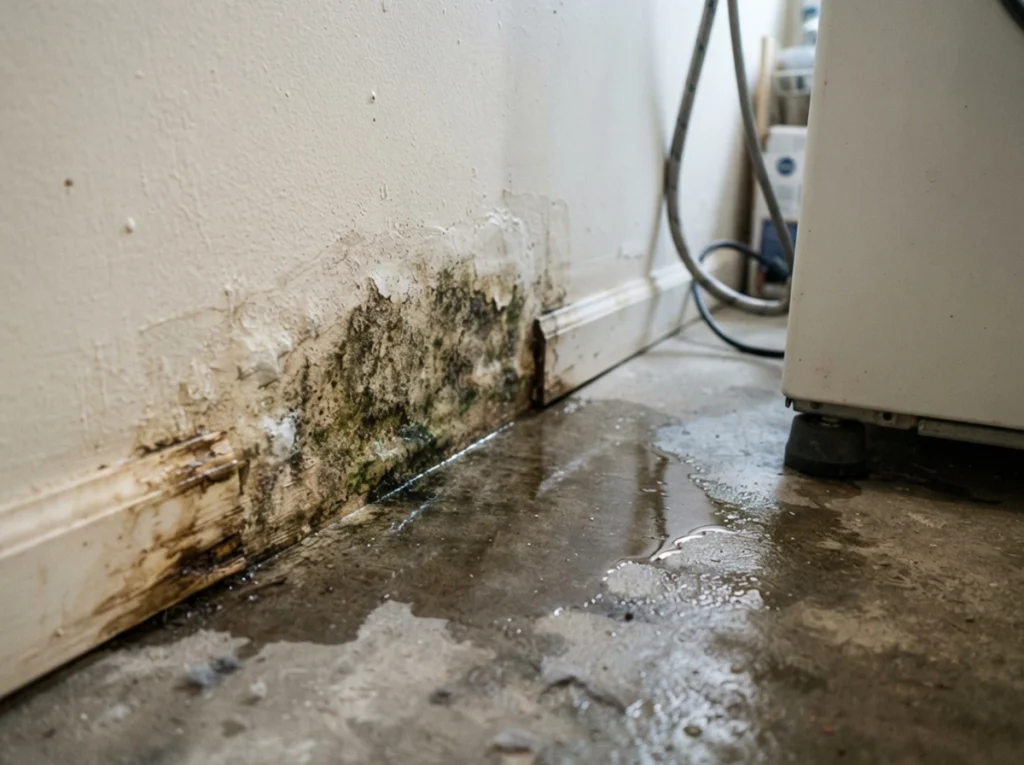 A leak inside the wall of a laundry room.