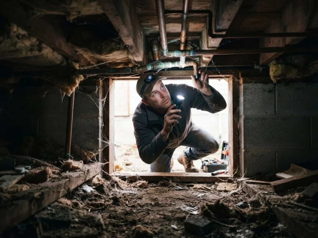A plumber, checking with the piping in the crawlspace at a Kitsap home.