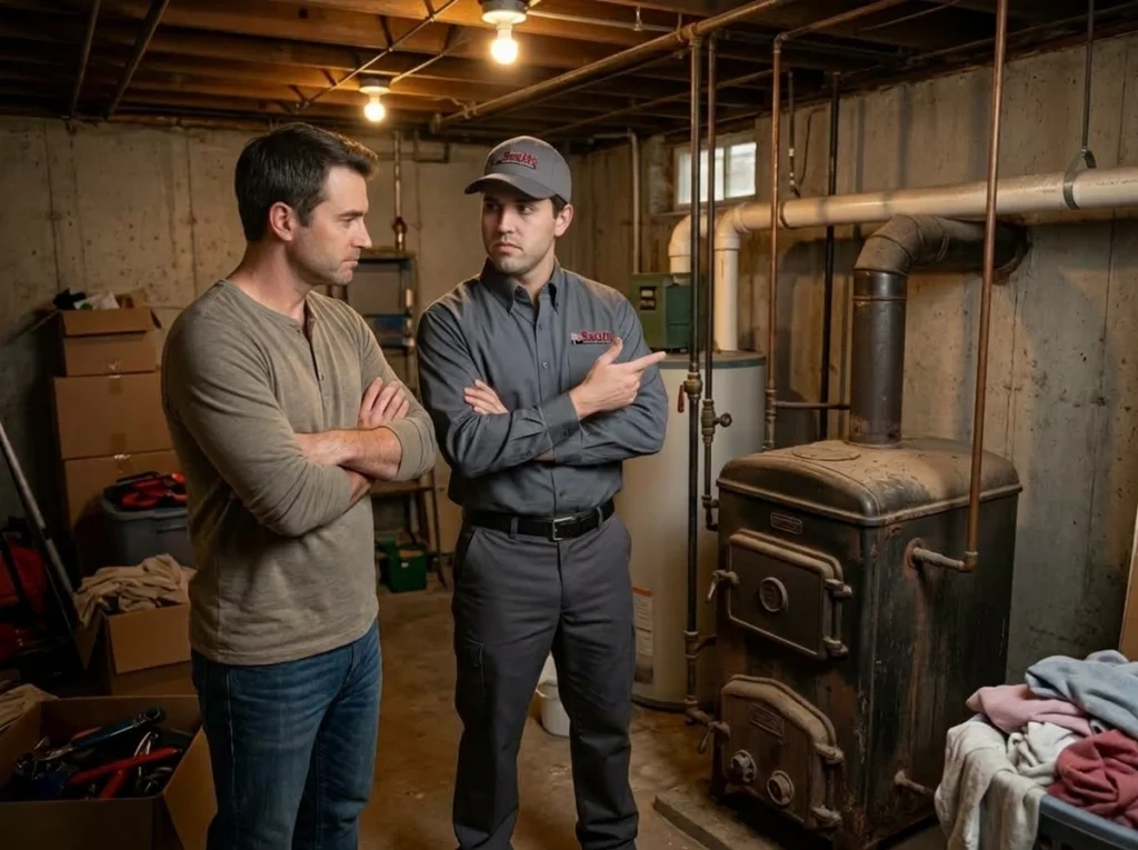 Bainbridge Island homeowner discussing fall boiler service with heating technician