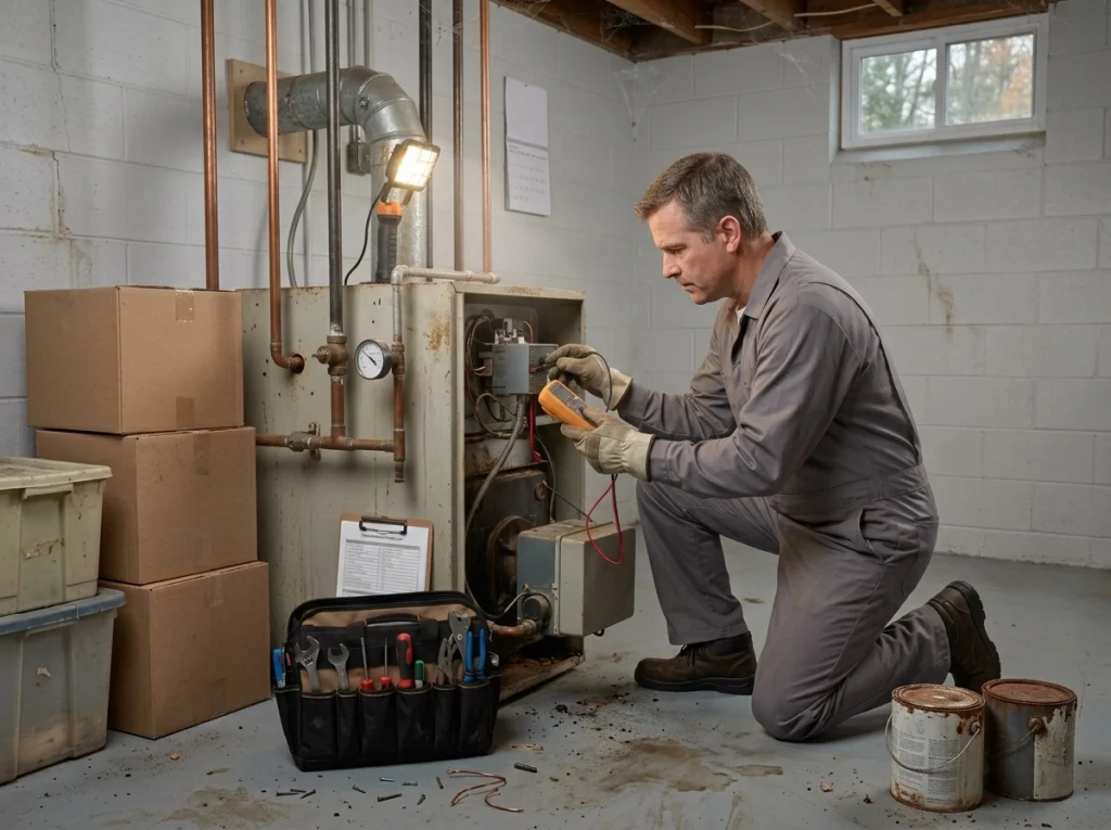 Heating technician inspecting an aging residential boiler before winter